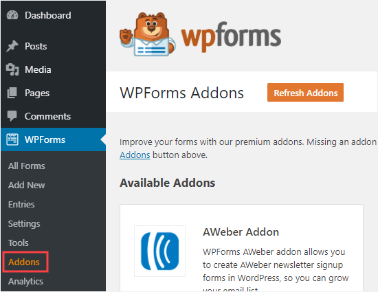 WPForms-tilläggssidan i din WordPress-admin