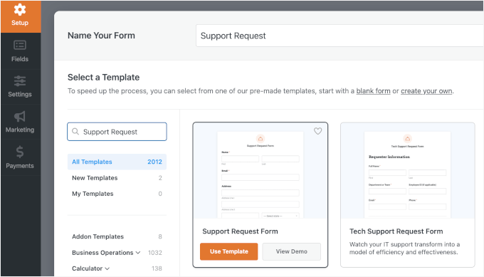 Using the support request form template in WPForms