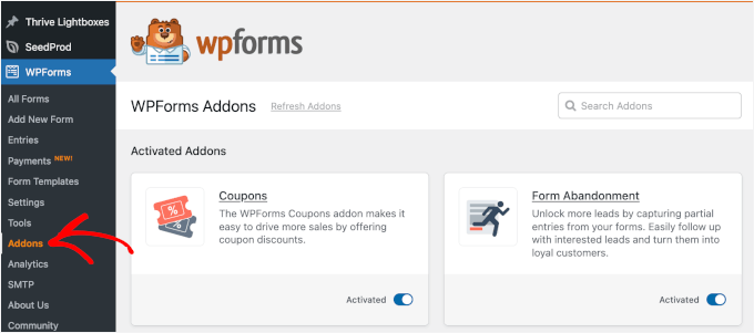 The WPForms addons page in your WordPress admin The WPForms addons page in your WordPress admin