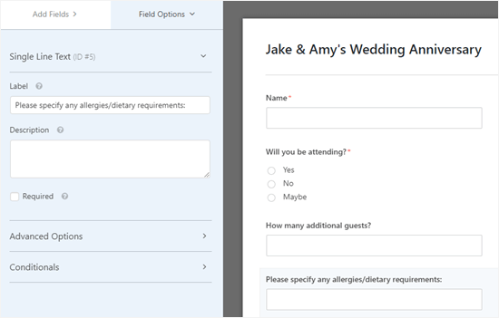 Lägga till ett enkelt textfält för att fråga om allergier och kostkrav