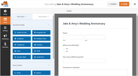 Partyinbjudningsmallen för RSVP i WPForms formulärbyggare
