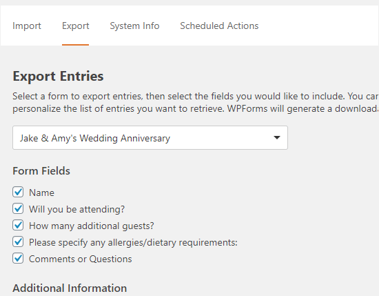 Bekräfta fälten du vill inkludera i din export