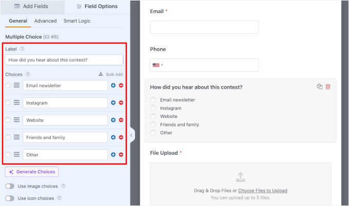 Beschriftung und Auswahlmöglichkeiten hinzufügen