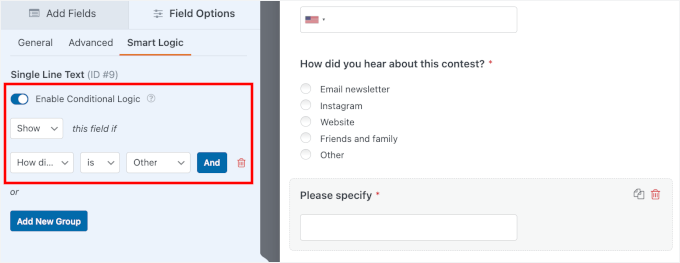 Enabling conditional logic for the Other option Enabling conditional logic for the Other option
