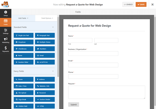 The default Request a Quote template in the WPForms form builder The default Request a Quote template in the WPForms form builder