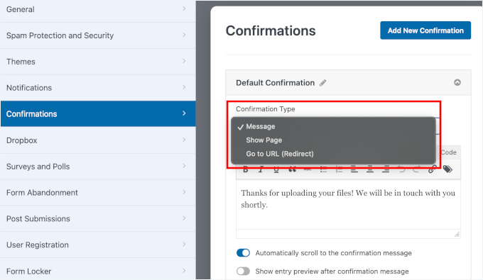 Auswahl des Bestätigungstyps