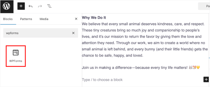 Adding the WPForms block Adding the WPForms block