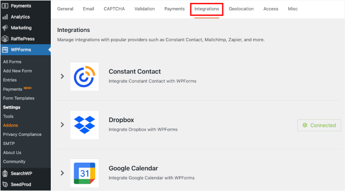WPForms integrations menu