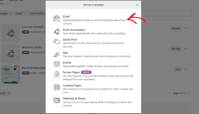 Select Email In Constant Contact Choose a campaign type