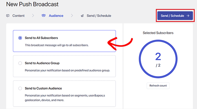 Choose an audience to send push notifications Choose an audience to send push notifications
