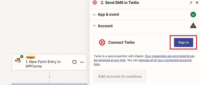 Click the Sign in button next to the Twilio
