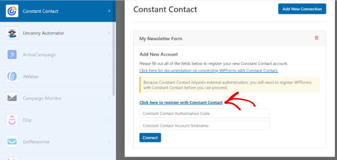 Register Constant Contact with WPForms Connect your Constant Contact account