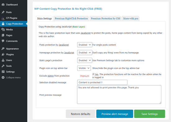 Les paramètres du plugin WP Content Copy Protection & No Right Click