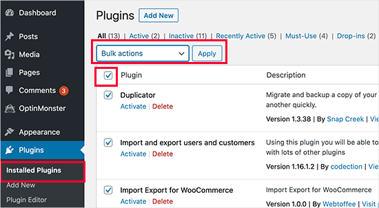 Deactivate all WordPress plugins Deactivate all WordPress plugins