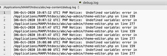Debug log file showing PHP errors in WordPress Debug log file showing PHP errors in WordPress
