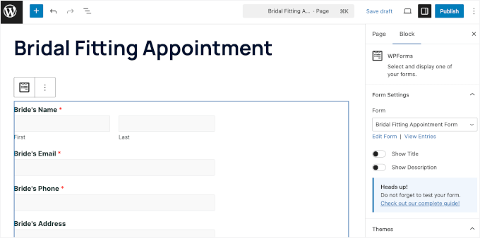 The appointment form on the WordPress editor