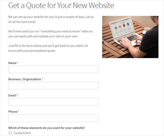 The request a quote form live on our demo website The request a quote form live on our demo website