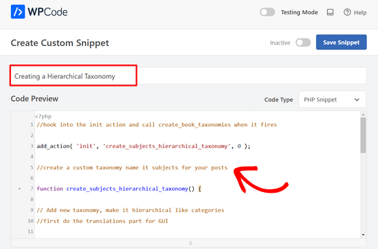 Ingrese un nombre de fragmento y pegue el código para crear una taxonomía jerárquica