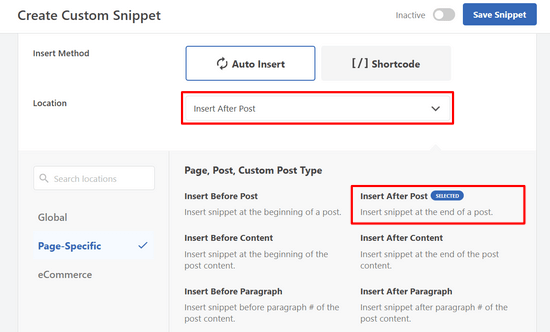 Seleccionar ubicación de inserción en WPCode