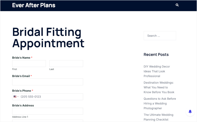Appointment form on a livesite