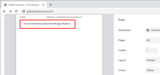 Le message par défaut que les utilisateurs verront s'ils essaient d'imprimer une page/un article protégé