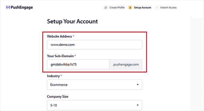 Provide website details to complete the signup process Provide website details to complete the signup process