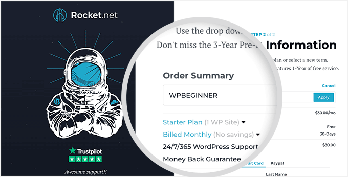 Rocket.net order summary and Rocket.net coupon code WPBEGINNER