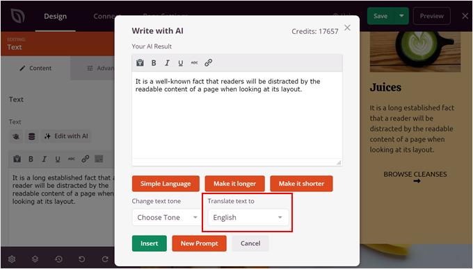Choosing a language to translate the text to in SeedProd Choosing a language to translate the text to in SeedProd
