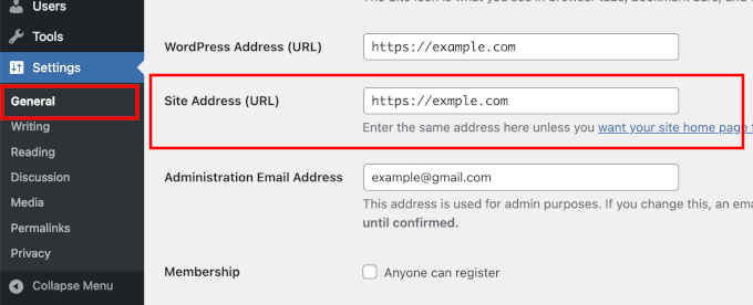 WordPress site address example