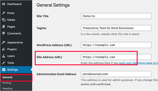 WordPress site URL setting WordPress site URL setting