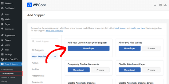 Add a new custom snippet in WPCode Add a new custom snippet in WPCode