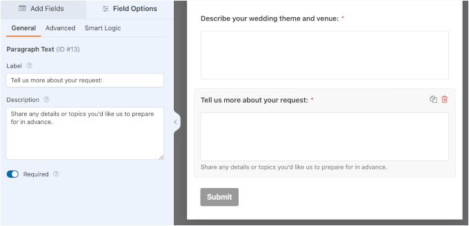Editing the paragraph field's label and description