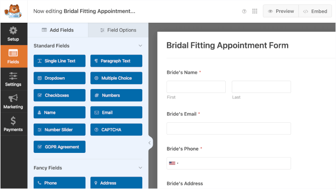 Bridal Fitting Appointment Form in the form builder