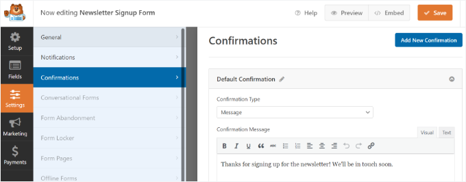 Set up confirmation message Set up confirmation message