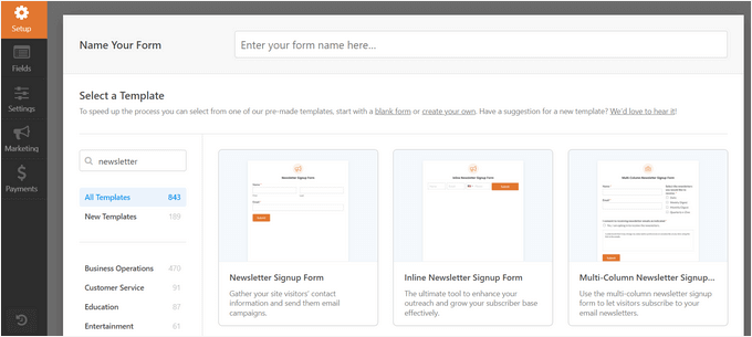 Enter form name and select a template Enter form name and select a template