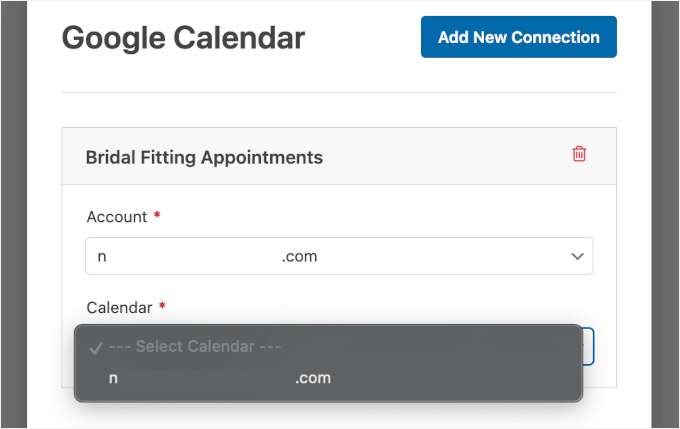 Specifying the Google account and calendar to use the connection
