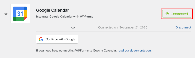 Google Calendar is connected to WPForms
