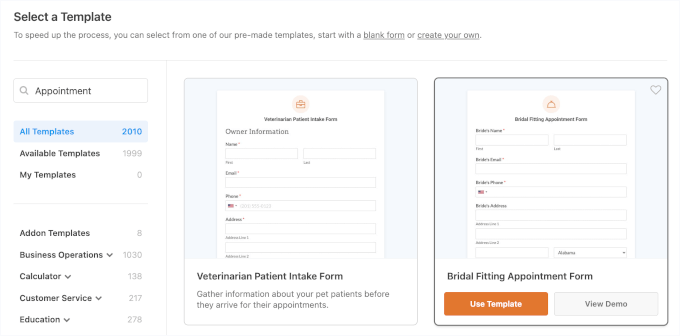 Choosing an appointment form template