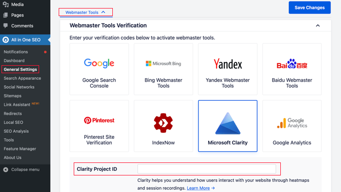 Incolla l'ID progetto Microsoft Clarity in AIOSEO Incolla l'ID progetto Microsoft Clarity in AIOSEO