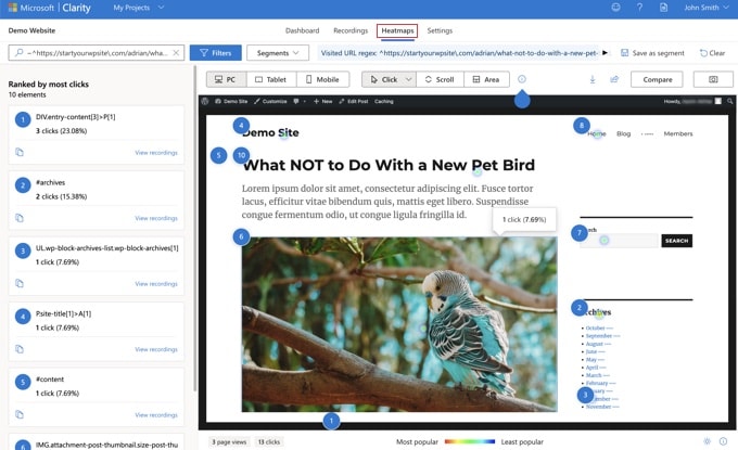 Heatmap di Clarity che mostra i clic del mouse Heatmap di Clarity che mostra i clic del mouse