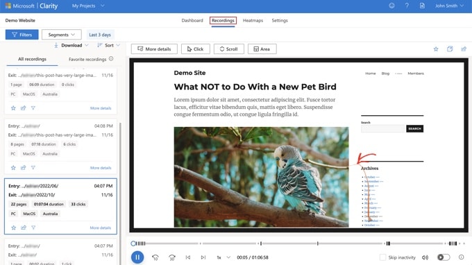 clarityrecRegistrazioni di Clarity che mostrano le registrazioni delle sessioni utente Clarity che mostra le registrazioni delle sessioni utente