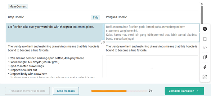 Haz clic en el botón Completar traducción Haz clic en el botón Completar traducción