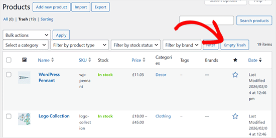 Klicka på knappen Empty Trash i WooCommerce