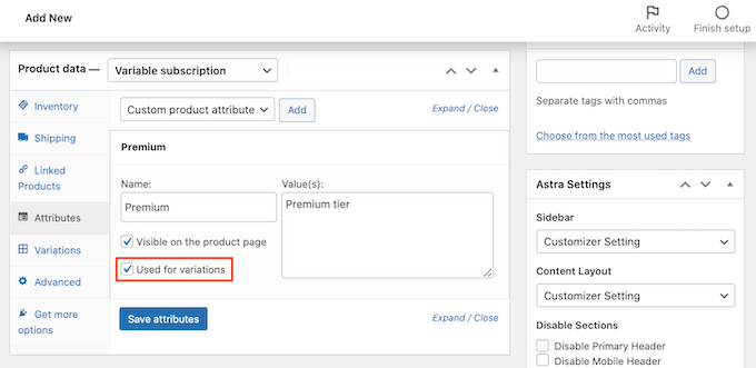 The WooCommerce 'Used for variation' checkbox The WooCommerce 'Used for variation' checkbox