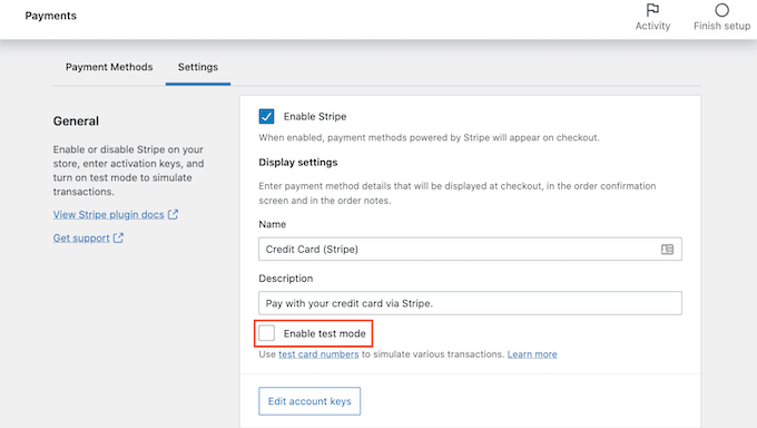 Disabling Stripe's test mode Disabling Stripe's test mode