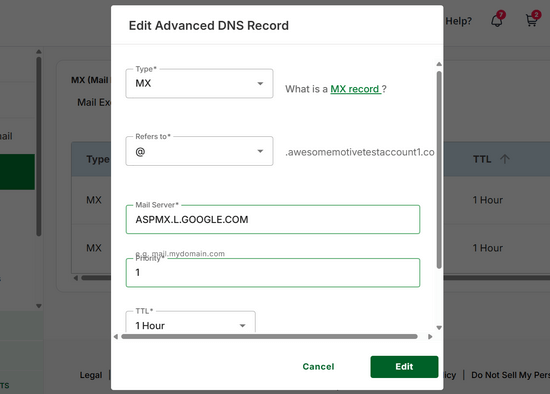 Changing and updating an MX record with Network Solutions