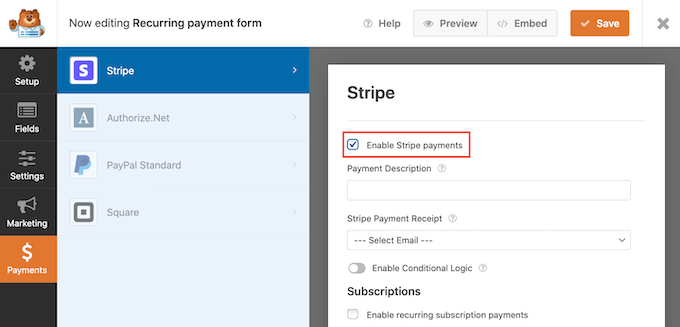 The 'Enable stripe payments' checkbox The 'Enable stripe payments' checkbox