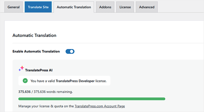 Habilitar la opción de IA de TranslatePress Habilitar la opción de IA de TranslatePress