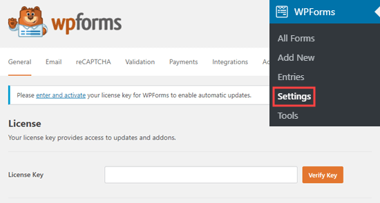 Entering your WPForms license key on your site Entering your WPForms license key on your site