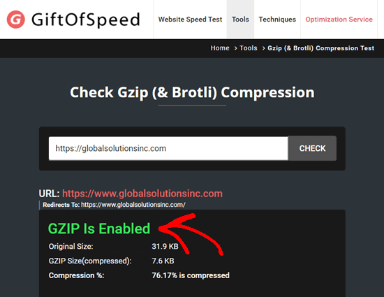 Using a GZIP test tool to see that GZIP is enabled on the specifed website Using a GZIP test tool to see that GZIP is enabled on the specifed website